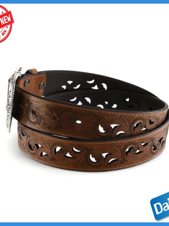 Genuine Leather Belt with Triple Snap Buckle, Floral Scroll Cutout Design main image 5